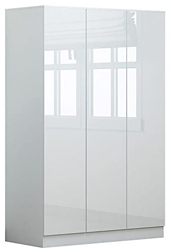 FWStyle White Gloss 3 Door Wardrobe with Soft Close Hinges, Scandinavian Modern Bedroom Storage Furniture with Hanging Rail and Shelving, Scratch Resistant Finish, W120 x H180 x D50cm