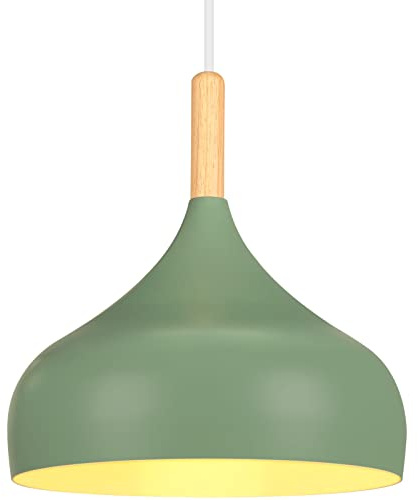 iDEGU Lámpara de Techo Retro LED Lámpara Colgante Moderna en Madera Metal Estilo Escandinavo E27 Iluminación de Techo Vintage Lámpara para Dormitorio Comedor Cocina, 24CM (Verde Oliva)
