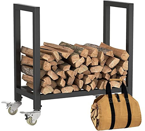 Rack di Legna da Ardere Esterni, nero Portalegna per Interni con ruote e Borsa per Legna da Ardere, Impilatore di Legno Scaffale Uso in Fattoria, Cortile, 65 x 30 x 68 cm