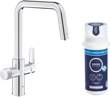 GROHE Blue Pure Start - Starter Set mit Mini Aktivkohlefilter (U-Auslauf, 150° schwenkbar, separater Griff für gefiltertes Wasser), chrom, 30596000