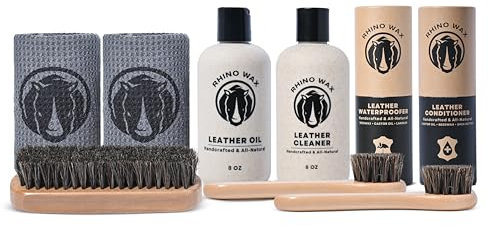 Rhino Wax - Kit completo per la cura della pelle (detergente per pelle + olio per pelle + balsamo per pelle + cera impermeabilizzante + spazzole + panni in microfibra) - Pulisce, rivitalizza e