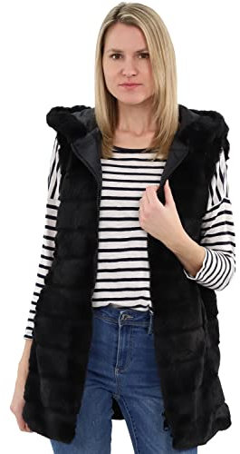 malito - Gilet da donna con cappuccio | gilet a costine in pelliccia sintetica | Gilet Teddy con cerniera CR-1958, Nero , XL