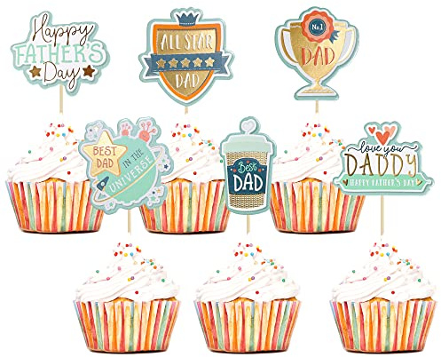 Gyufise 36Pcs Happy Father's Day Cupcake Toppers Assembled Love Dad Best Daddy Cupcake Picks Happy Father's Day Theme Men Birthday Party Cake Decorations Supplies Blue Gold