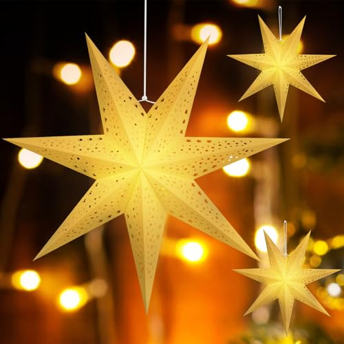 Paper Star Lantern 3PCS Christmas Hanging Stars Garland Large Hollow Out Xmas Tree Topper Foldable Lamp Shade New Year Wedding Party Holiday Birthday Dercoration for Indoor and Outdoor 20in (White)