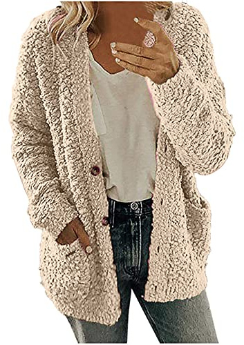 Big Womens Sherpa Jacket Loose Button Fuzzy Jacket Casual Cardigan Faux Fur Jacket Winter Warm Fleece Jacket with Pocket
