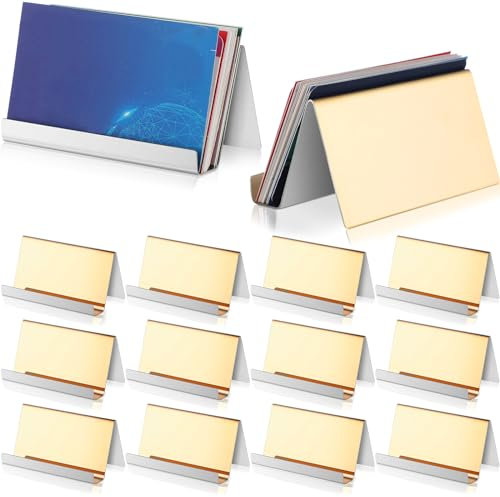 Tandefio Visitenkartenhalter aus Edelstahl, 9,4 x 1,5 cm, aus Edelstahl, für Visitenkarten, Tischplatte, Spiegel, goldfarben, Kartenhalter, Namenskarten-Organizer für Büro und Schreibtisch, 12 Stück