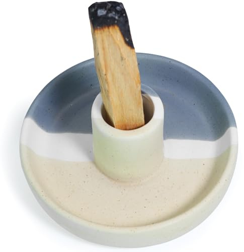 BEYLAB Soporte para incienso Palo Santo, varilla, madera ahumada, meditación, yoga, quemador, cuenco cenicero, moderno, minimalista, beige azul