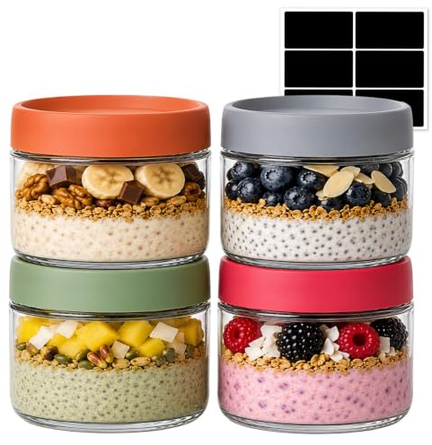 volila Farbenfrohe Overnight Oats Gläser 4er Pack 300ml, Meal Prep Behälter Glas mit Plastikdeckel für Arbeitswoche, Auslaufsichere Vorratsdosen Frühstück to Go Einmachgläser für Trockenvorräte