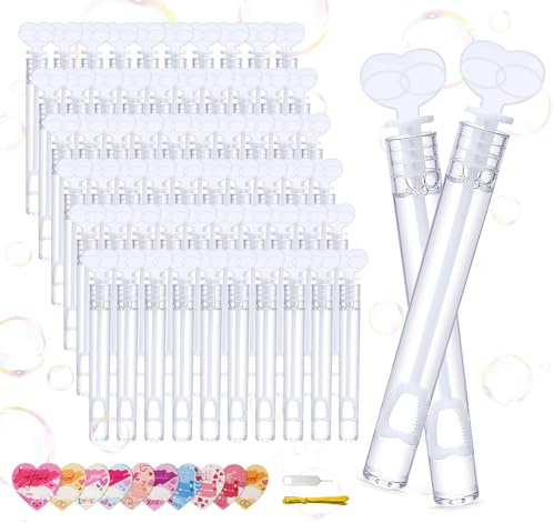 ilauke 60 Stück Seifenblasen Hochzeit Set mit Herzgriff, Wedding Bubbles Seifenblasen Herzform Mini Bubbles 60er Anhänger und Demontagewerkzeug, für Hochzeit und Geburtstagsfeier