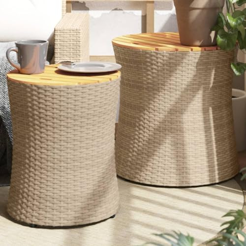 Keyroto Garten-Beistelltische 2 STK. mit Holzplatte Beige Poly Rattan,Ratten Beistelltisch, Runder Gartentisch,Kleiner Beistelltisch,Couchtisch,Kaffeetisch für Wohnzimmer Garten Balkon Outdoor
