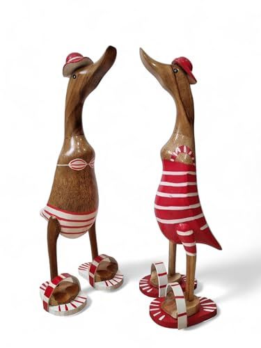 Bambus Holz Bade Enten Paar - 2er Set - Bambus Enten in verschiedenen Farben - 42cm Enten im Badehose und Bikini (Rot)