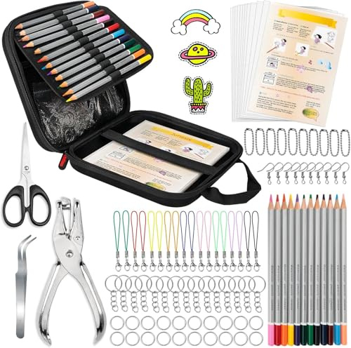 chfine 196Pcs Shrinky Dink Sheets Kit with Case, Shrink Plastic Sheet, Shrinky Dink Kit Include 20PCS Shrink Art Paper and 175 PCS Keychain Accessories for Creative Art Craft