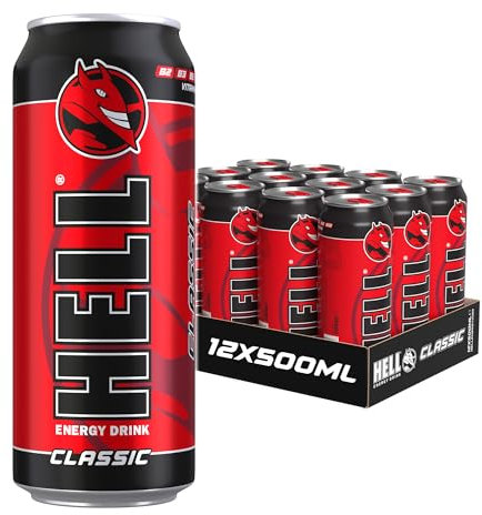 HELL Energy Drink Classic Flavour | 12 x 500ml Cans Multipack | 32mg/100ml Caffeine | Contains Vitamins B2 B3 B5 B6 B12 | Preservative Free | Vegan | Reduce Fatigue & Boost Energy