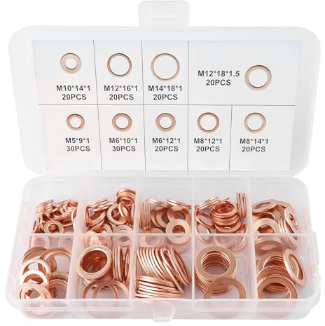 200 Pezzi Rondelle Rame Assortimento Rondelle Piatte Tappo di Scarico dell'olio Guarnizione Set di Anelli di Tenuta Piatti M5 M6 M8 M10 M12 M14 (9 dimensioni)