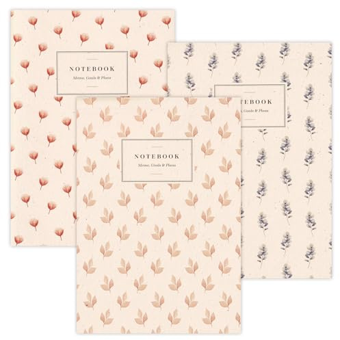 3er-Set Notizhefte DIN A5 | Blumen Wasserfarben Muster | 60 Seiten 80g/m² Papier | Notizen, Journaling, Skizzen, kreative Ideen