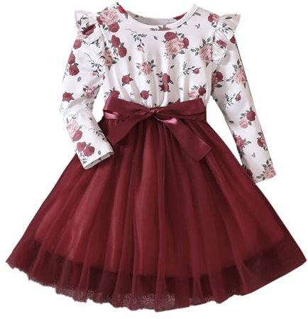 LUVCES Vestido para Niñas Volantes Manga Larga Tutu Vestido Casual Estampado Floral Princesa Tul Vestido para Niños Pequeños Cumpleaños Fiesta Burdeos Estampado Floral 2-3 años