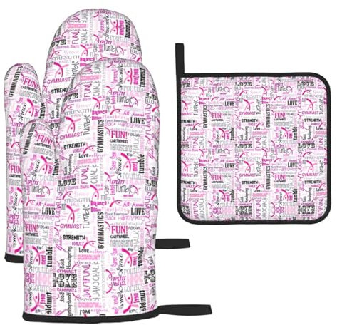 Set di 3 guanti da forno e presine di Natale rosa da ginnastica, guanti da forno da cucina, guanti resistenti al calore