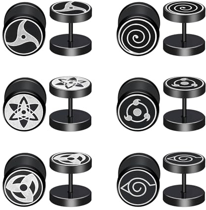 JewelryWe Pendientes Rosca Mancuerna Anime: Juego de Aretes Barbell de Tapón Falso de Acero Inoxidable para Hombre y Mujer Joyería Cosplay 6 Pares - Para Juegos de Rol Regalo