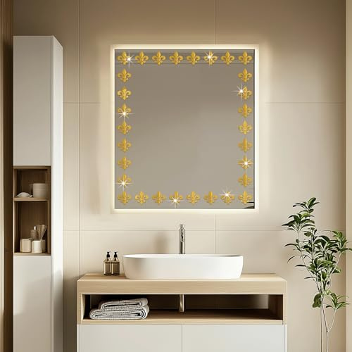 funlife Hollow Self Adhesive Mirror Wall Stickers, Small Plastic Gold Mirror with Adhesive Back for Home Cabinet Wall Decor 3.94 X 3.94 16 PCS Fleur De Lis-Mirror