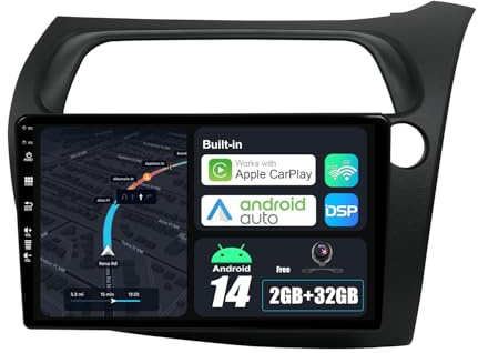 BXLIYER Android 14 Car Stereo For Honda Civic/Hatchback RHD (2006-2011) GPS Navigation - Wireless Carplay + Android Auto - 2G+32G - Camera - IPS 9 Inch 2 Din - Steering Wheel Dual-Band WiFi DAB DSP
