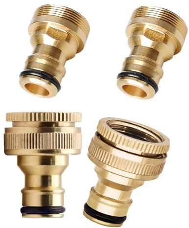 4 Pack Brass Tap Connector Male and Female Set Garden Outdoor Hose Tap Connector 1/2 Inch to 3/4 Inch Tap Connector for Hosepipe Fittings, Water Threaded Faucet Adapter