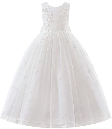 IWEMEK Robe De Mariee Enfant Fille sans Manches Robe Tulle Fille Bapteme de Communion d'anniversaire du Soir Anniversaire Fête de Mariée avec Broderie Papillon Blanc 140cm