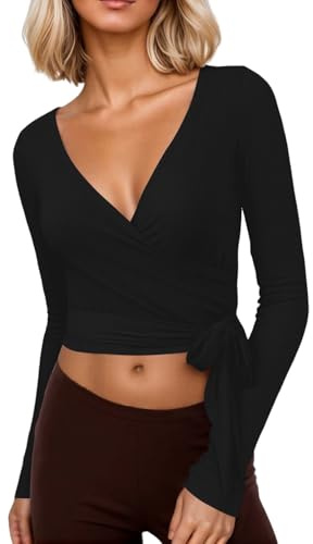 Women Ballet Wrap Top Deep V Neck Tie Front Long Sleeve Workout T Shirts Slim Fit Yoga Bandage Surplice Wrap Crop Top