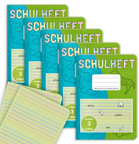5 Stück Schreibheft A4 Lineatur 3 Ohne Rand Heft Block Lineatur 3 Deutschheft 1. und 2. Klasse 8 Blatt Schulheft a4 Liniert 3. Klasse für Schulanfang Kinder die Schule und zum Lernen Üben 80g/m²