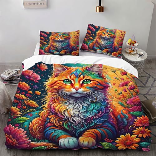VOGIAY Ropa de cama de 135 x 200 cm, diseño de flores y gatos, funda nórdica para adolescentes, niñas y niños, microfibra, funda nórdica con 1 funda de almohada de 80 x 80 cm, ropa de cama con