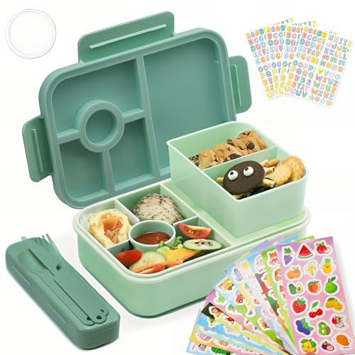 Bugucat Lonchera Bento de 1300 ml con 16 calcomanías, a prueba de fugas, con 4 compartimentos, cubiertos para niños y adultos, caja de aperitivos para escuela, jardín de infantes, oficina, color verde
