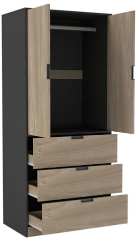URBNLIVING Modern 2 Door Wardrobe with 3 Drawers & Hanging Rail, Stylish Freestanding Storage, Spacious Interior, Durable Chipboard Build, Easy to Assemble Bedroom Furniture