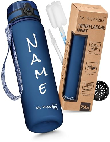 My Vesperbox Minny Gourde pour enfant - Personnalisable avec votre nom - 500,750, 1000 ml avec paille ou passoire - Sans BPA - pour la maternelle, l'école, le sport, les loisirs (bleu foncé, 500 ml)