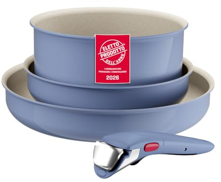 Lagostina Ingenio Pastel, Set di Padelle Antiaderenti 4 Pezzi con Manico Rimovibile, Compatibili con Induzione e Forno, Design Salvaspazio, Colore Nettuno