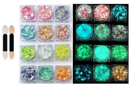 Dreamil 12 Farben Fluoreszierendes Glitter für Gesicht Augen Haare Nägel Body, Gel Leuchtende Glitzer Sequin Glitzerpulver Set für Festival Karneval Weihnachten Halloween Partys(mit 2 Make Up Sticks)