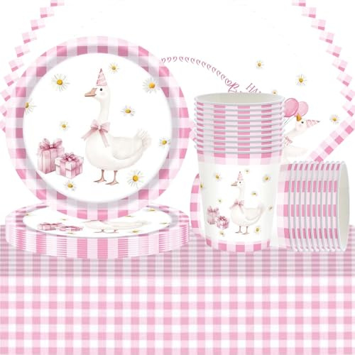 Juego de vajilla rosa de 61 piezas con motivos de cisnes para una fiesta de cumpleaños. Incluye cubiertos, vasos de cartón, servilletas, platos y manteles con motivos de ballet para 20 invitados