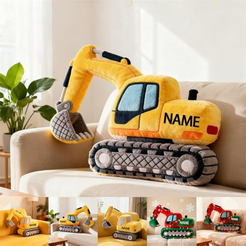 Personalized Excavator Throw Pillow Custom Name Construction Vehicle Shaped Plush Pillow 2D Flat Printing Excavator Truck Decorative Throw Pillows Truck Driver Gifts for Men Women Birthday Christmas