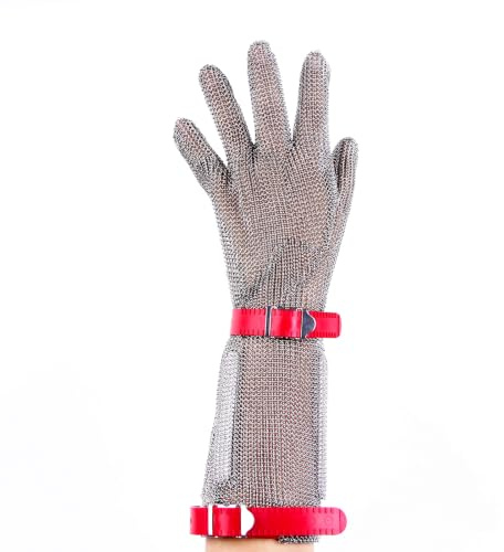 RETON-PPE Kettenhandschuh aus Edelstahl, 15 cm Schnittfester Metallhandschuh mit verstellbarem Kunststoffriemen für Metzger, Fleischverarbeitung und Küche (M)
