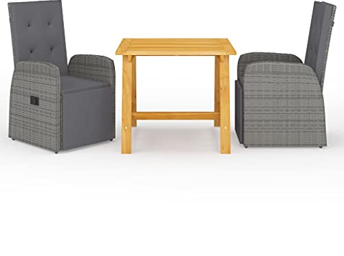 QJBSAVVA Gartenmöbel Set 3-TLG Grau Akazienholz 88 cm Esstisch mit Verstellbarer Rückenlehne und gepolsterten Sitzauflagen Modernes Design für Balkon Terrasse und kleine Outdoor Sitzgruppen
