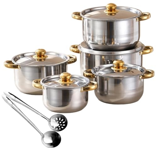 Stainless Steel Cookware Set,5 Cooking Piece Pot and Saucepan Set with Lids | Stackable Nesting Pots,Double Handle,with Soup Ladle Slotted Spoon,for Induction Gas Stove,Easy Clean,Mirror Polished,Gold