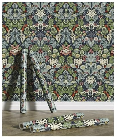 OPIGJUFD Träpanel tapet mörkblå blommig tapet vattentät PVC skala av och klistra fast skåp klistermärke badrum kök möbler vägg renovering dekoration (44 cm x 300 cm)