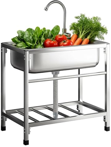 Lavello Cucina in Acciaio Inox, Lavandino da Esterno con Rubinetto Lavandino Commerciale Lavelli Autoportante Lavello di Utilità Lavabo Lavamani Industriale Garage 58X43cm
