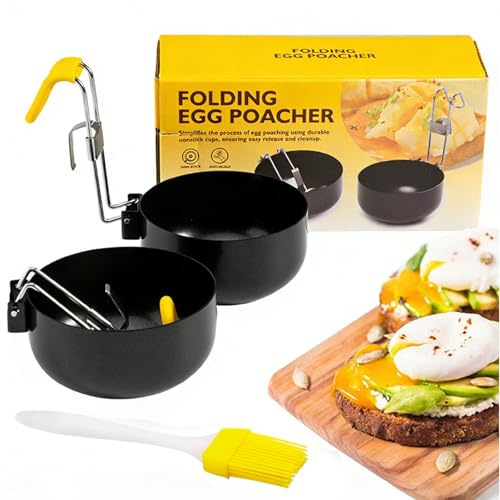 Poached Egg Pan,2 Pcs Egg Poacher & 1 Brush Set,Folding Poached Egg Moulds Kitchen Gadgets Non-Stick Egg Poacher for Perfect Boiled Eggs for Kitchen Tool