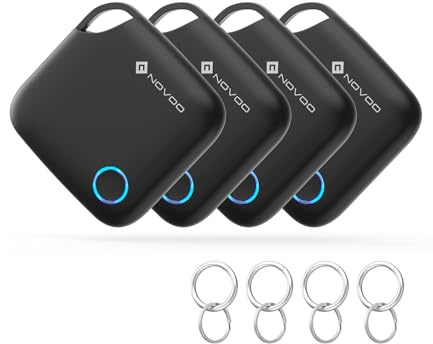 NOVOO Smart Tag for Apple Find My (iOS Only), Loud 80dB Alarm Item Finder, Replaceable Battery Tracker with Child-Safe Lock, Key & Wallet Tracker, Luggage Finder (4 Pack with Key Rings & Battery Tool)