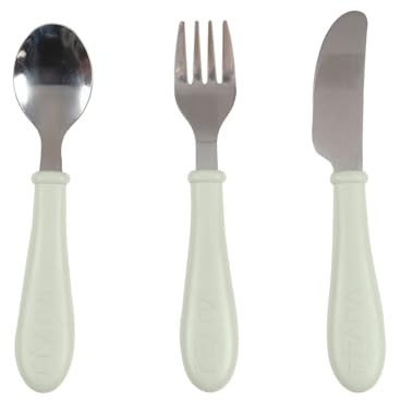 BÉABA, Set 3 Posate Per Bambini Da Apprendimento In Acciaio Inox, Seconda Età, Da 12 Mesi, Presa Facile Per Il Bambino, Verde Grigiastro