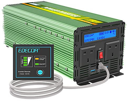 Edecoa 2500W Peak 5000W Power Inverter Pure Sine Wave DC 12V to 240V AC with 4.2A Dual USB Ports - Green | with 4.2A Dual USB Ports, with LCD Display and Remote Controller, for RV / Camper, Emergency Backup