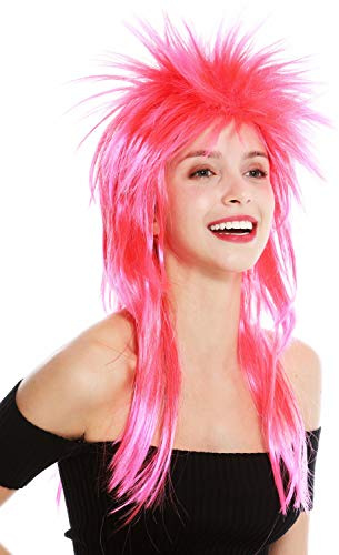 WIG ME UP - DH1069-PC13TPC5 Perruque Carnaval Punk Coupe mulet Biker Sauvage années 80 Wave crêpée mélange Long Rouge Rose