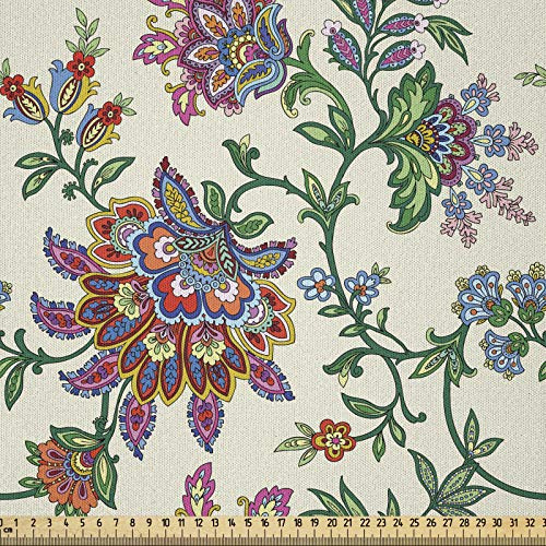 ABAKUHAUS Bohemien Stoff als Meterware, Farbenfrohe Blumen, Microfaser Stoff für Dekoratives Basteln, 1M (230x100cm), Beige Grün Rot