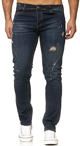 Reslad Jeans herr sliten look slim fit denim stretch jeans byxor RS-2062, Mörkblå (2090), 32W x 34L