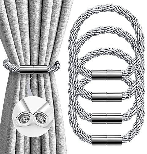 IAGORYUE 4 Pack Curtain Tie Backs Super Strong Magnetic Curtains Tiebacks Modern Simple Style Pretty Weave Rope Drape Holdback for Thin/Thick Home Office Hotel Window Drapery - Plating Chrome Silver