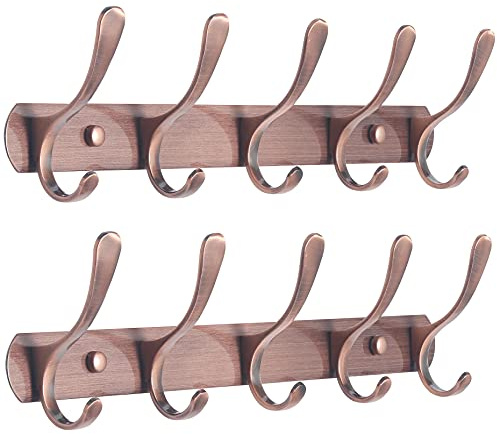 SKOLOO Garderobenleiste, Moderne, stabile Metall Kleiderhaken Wand mit 5 Haken, 2er-Pack, zum Aufhängen von Kleidung, Mantel, Hüten, Jacken, Rucksack, Hakenleiste Retro Rot